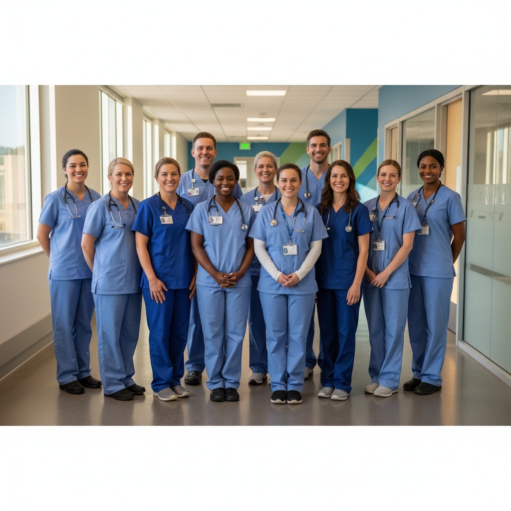Ten diverse healthcare professionals in blue scrubs stand together in a brightly lit hospital hallway.