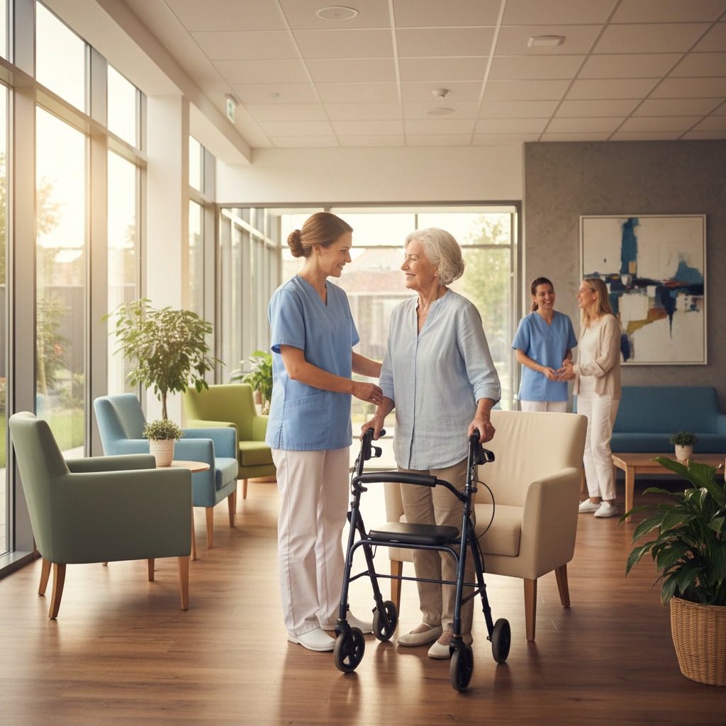 A caregiver in blue scrubs assists an elderly woman using a walker in a brightly lit facility with large windows and comfortable seating.